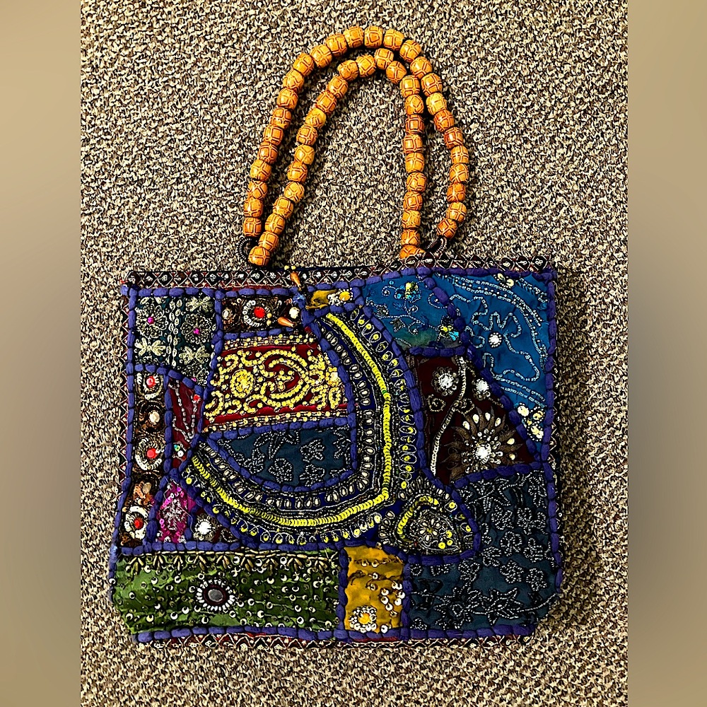 Colorful Boho Patchwork Sparkle Tote Bag - like new, 1’ sq